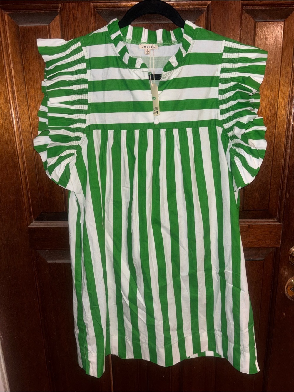Jodifl Green & White Striped Ruffle Sleeve Mini Dress NWT Sz Small